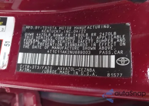 2022 Toyota Camry Le z USA, uszkodzony, nr VIN 4T1C11AK2NU689003